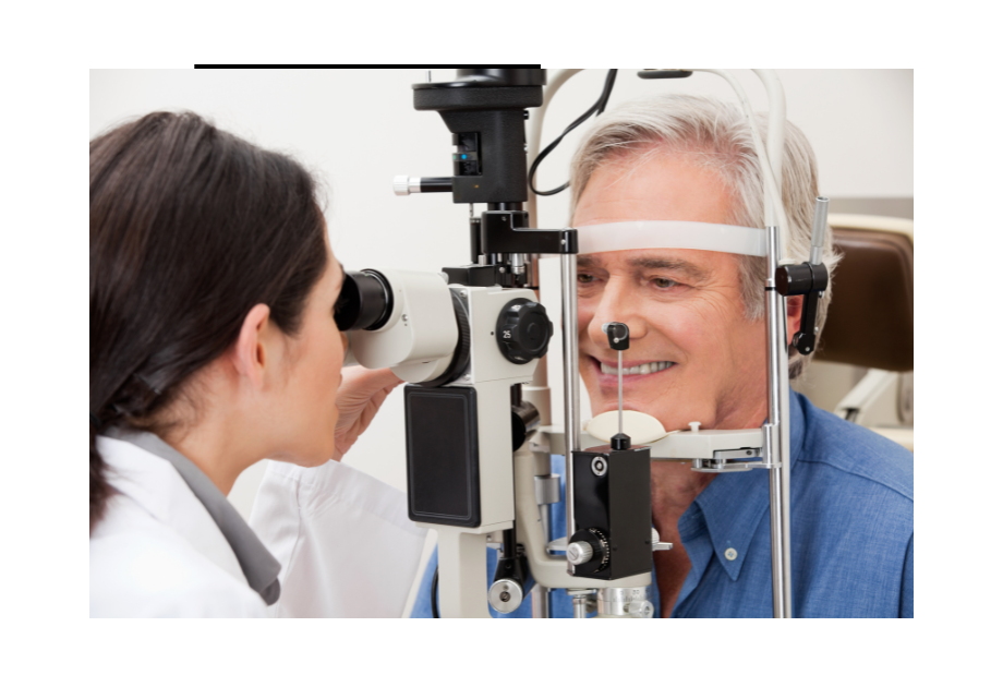 A man places his face in an instrument to test vision