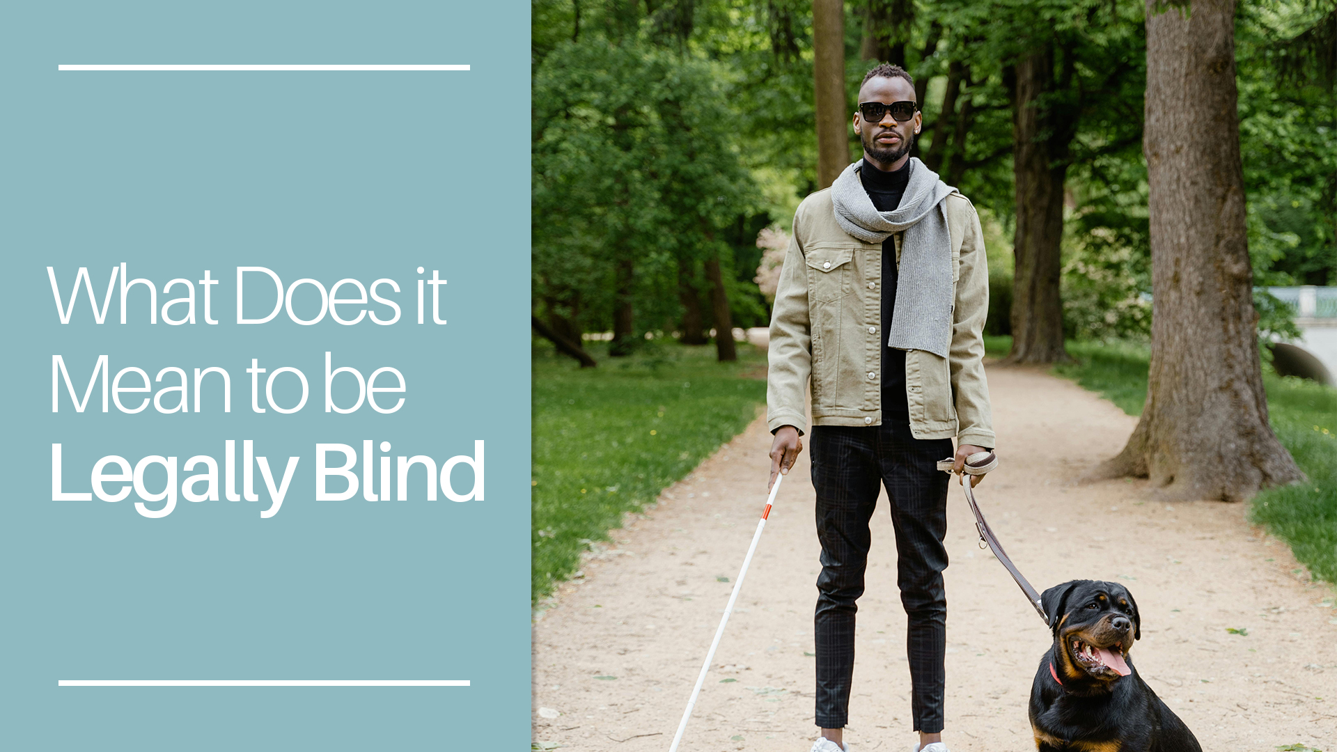 A man wearing sun glasses holds a cane and a the leash to a dog text reads what does it mean to be legally blind